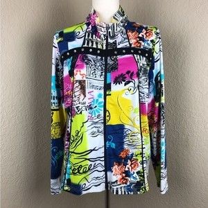Onque Petite Wearable Art Colorful Zip Up Jacket Art to Wear Abstract Patchwork